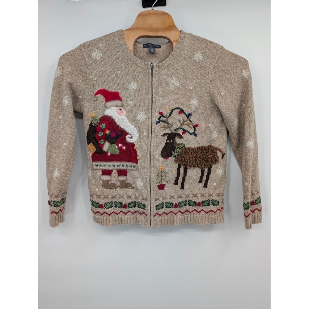 Northern Isles Vintage Santa and Reindeer Full zip Knit Christmas Sweater sz Med